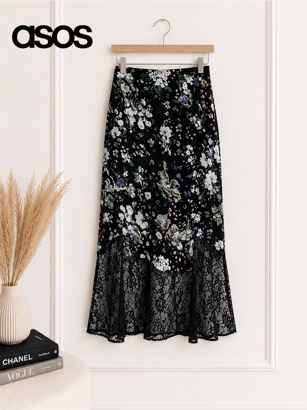 ASOS • Bias Cut Satin Midi Slip Skirt With Lace Trim in Floral Print • Size 10